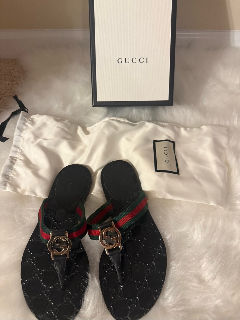 Gucci Black Leather Sandals with Green & Red Web Stripe and Gold GG